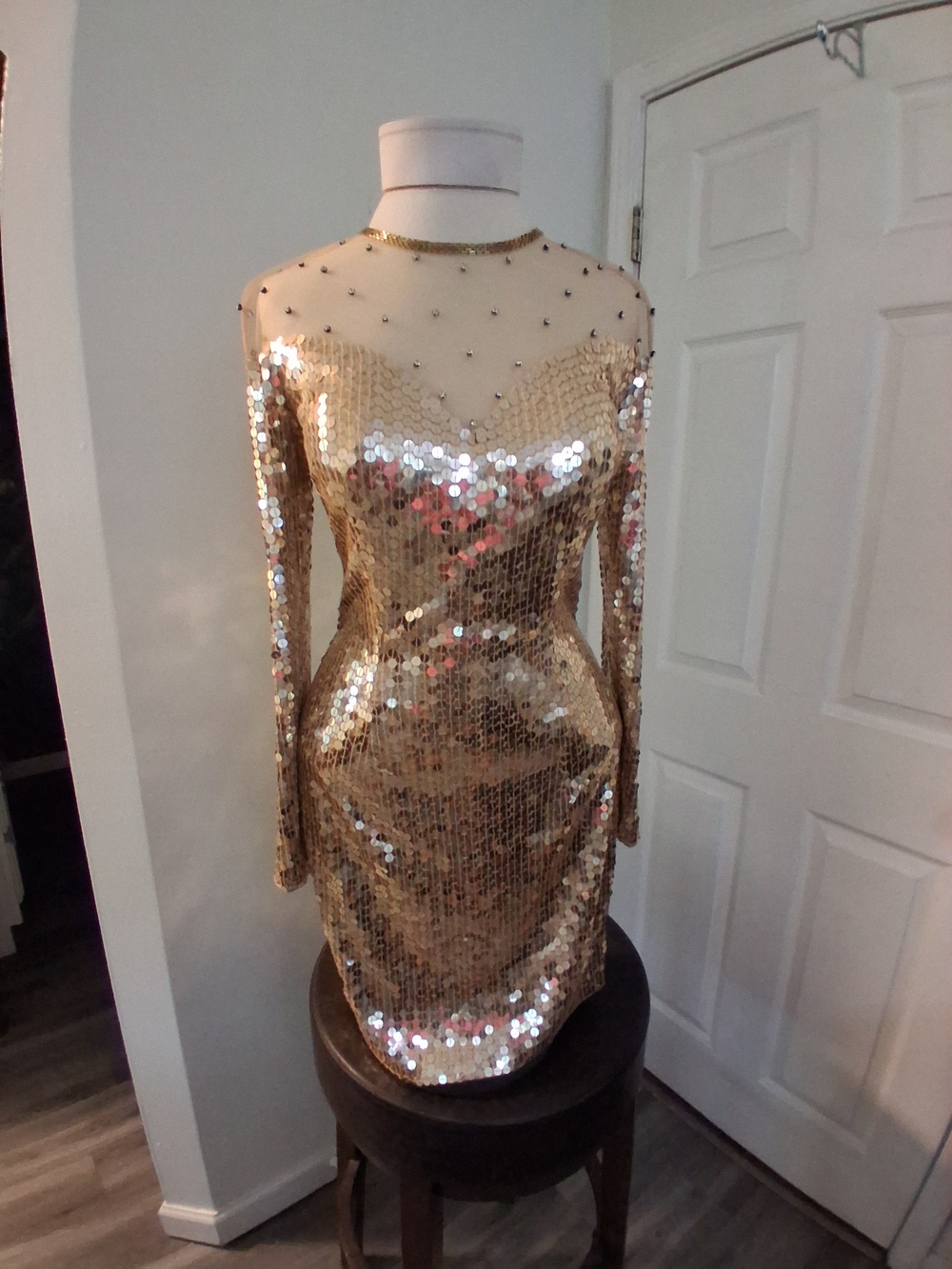 Gold Sequin Mini Dress with Sheer Embellished Yoke